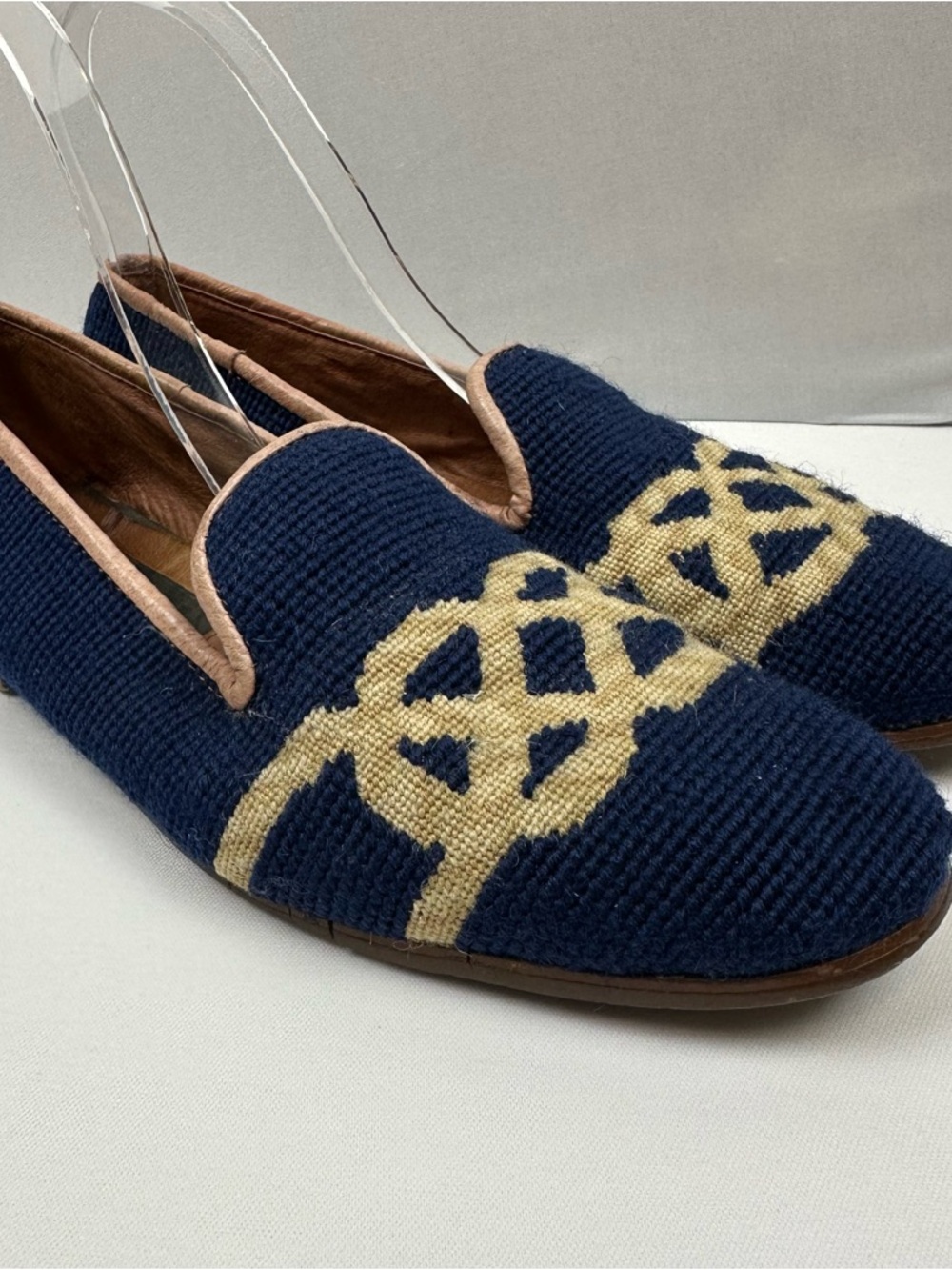 By Paige Womens 9 Blue Needlepoint Loafers Leather Trim Slip On Flats Preppy